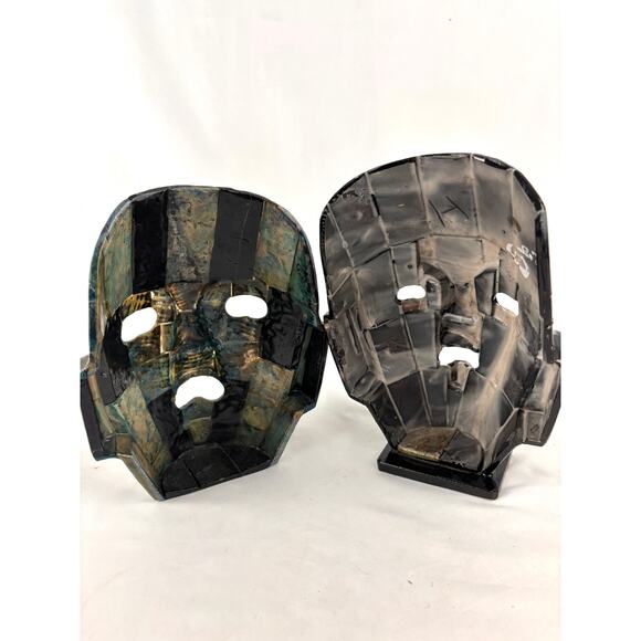 Vintage Pair Mexican Shell + Stone Mosaic Mask Folk Art Aztec Style Tessellated - Picture 7 of 14
